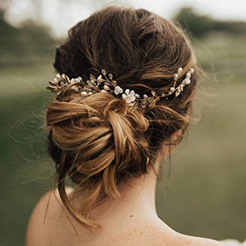 Gold Pearl Leaf Flower Bridal Hair Vine - Crystal Headband for Weddings