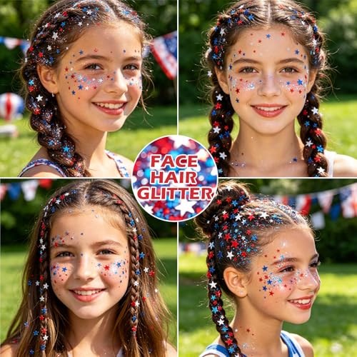 Patriotic 4th of July Glitter Stick, Sparkle Red White and Blue Face Hair Body Glitter Independence Day 250 Anniversary Party, USA Flag 4th of July Outfits and Accessories for Women Kids, Memorial Day