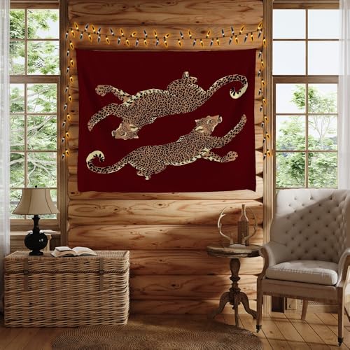 Burgundy Leopard Wall Tapestry - Large Jungle Art 30x40in