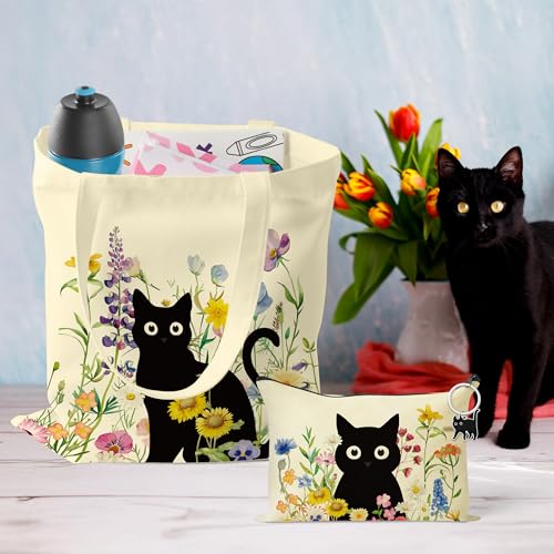 Black Cat Canvas Bag Set for Women - 3 Pcs Tote & Makeup Pouch