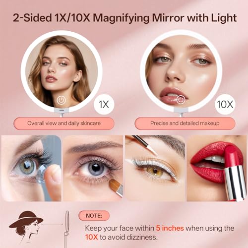Qinxinmir 10X Magnifying Travel Makeup Mirror with 3-Color LED Lighting