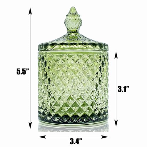 Olive Green Crystal Glass Qtip Holder & Candy Jar with Lid