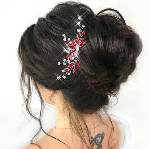 Unicra Red Bridal Crystal Hair Comb Wedding Hair Accessory for Women - Sparkly Rhinestone Headpiece - Handmade