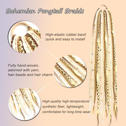 24-Inch Ombre Blonde Braided Ponytail Hair Extensions with Beads | Handmade Synthetic Dreadlocks