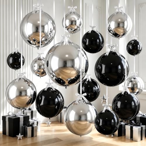 16Pcs 4D Black Silver Foil Balloons for Party Decorations