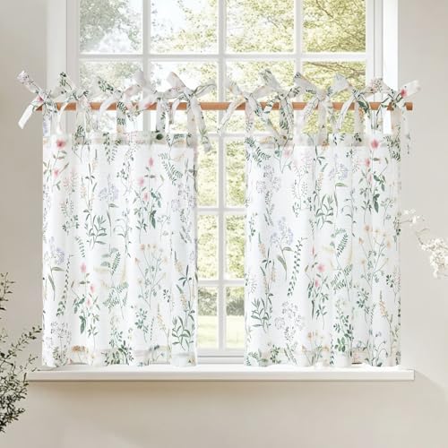 Floral Tie Top Kitchen Curtains - 36 Inch, Sage Green, 2 Panels
