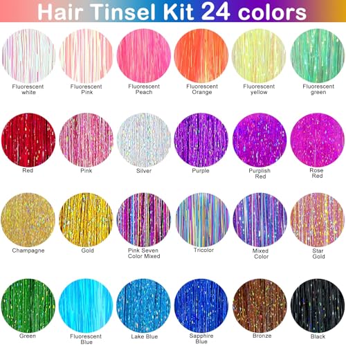 Hair Tinsel Extensions Kit with Tools - 48 Inch, 24 Colors, Easy to Use