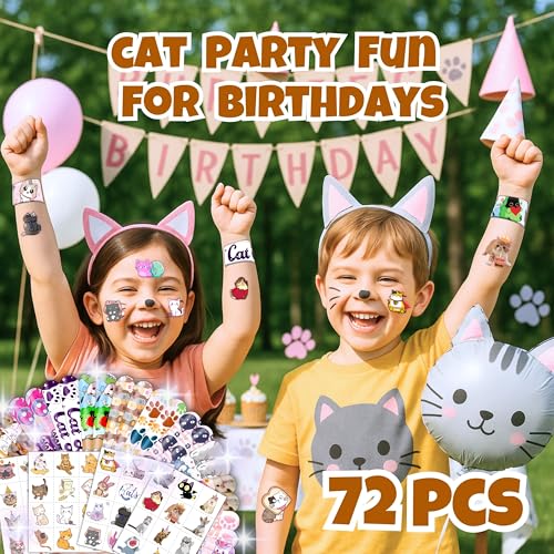 Cat Party Favors Set with Temporary Tattoos & Slap Bracelets - 72 Pieces