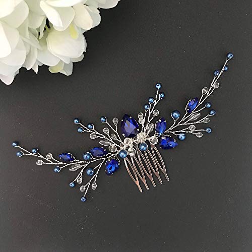 Women Blue Pearl Hair Vine Set with Earrings Bridal Hair Accessory Silver Wedding Headpiece