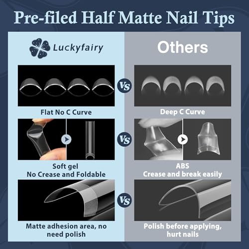 Luckyfairy 2XL Nail Tips - Square, 120 Pcs, No C-Curve, Half Cover