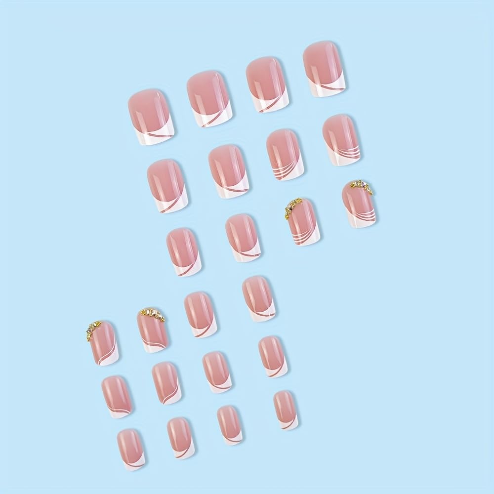 Square French Press on Nails, Acrylic Short Medium Press on Nails White Edge Pink Fake Nails with Gold Rhinestones, Glue on Nails Reusable False Nails for Women