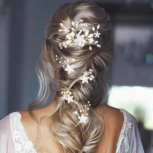 IAXSEE 5 Pcs Bridal Flower Hair Pins with Crystals & Pearls for Wedding & Bridesmaids