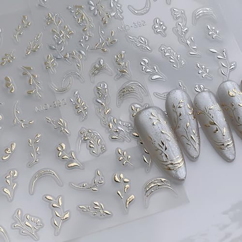 FRUZJAY Gold Silver Leaf Nail Art Stickers 2 Sheets 5D Embossed Leaves for Manicure