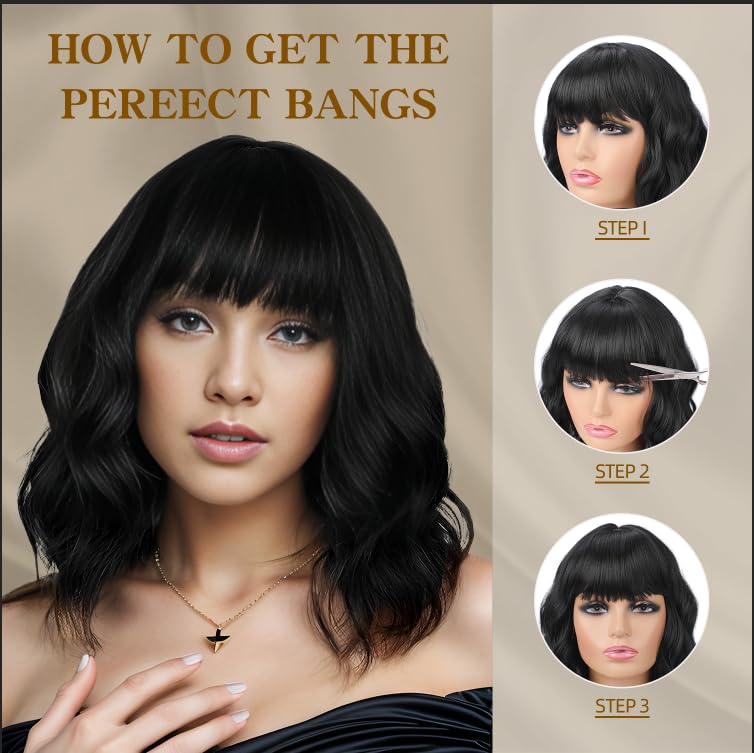 ATAYEA 14-Inch Short Wavy Bob Wig with Bangs - Honey Blonde Synthetic Hair