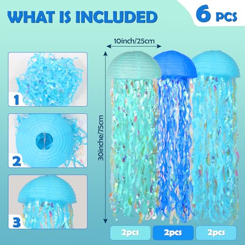 Set of 6 Blue Jellyfish Paper Lanterns - Ocean Theme Decor