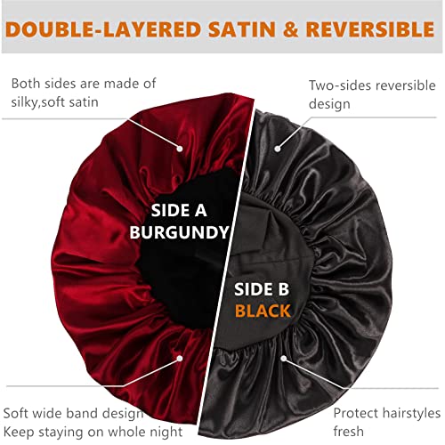Himoswis Satin Sleep Bonnet for Men & Women Black/Burgundy - Reversible Hair Cap