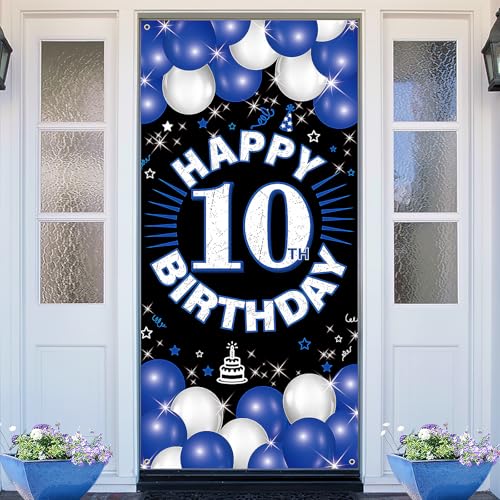 10th Birthday Fabric Backdrop Banner for Boys & Girls - Blue