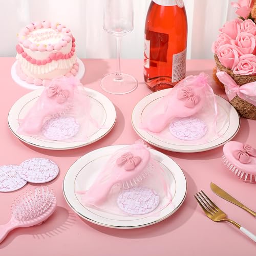 Wonderjune 12 Pink Bow Compact Mirrors & Mini Hair Brushes Set