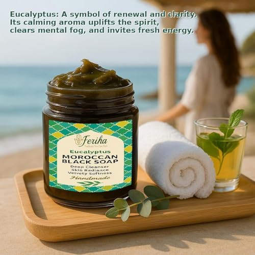 Moroccan Black Soap with Eucalyptus - Exfoliating Body & Face Cleansing Paste, 7oz