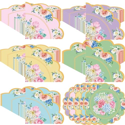 Floral Tea Party Napkins - 100 Pack Vintage Scalloped Paper Napkins