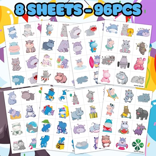 Frawharmone 96PCS Kids Hippo Temporary Tattoos - Jungle Party & Kids' Fun