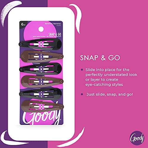 Goody Snap Hair Clips 6 Count Black/Brown - Comfort Contour Barrettes for All Hair Types