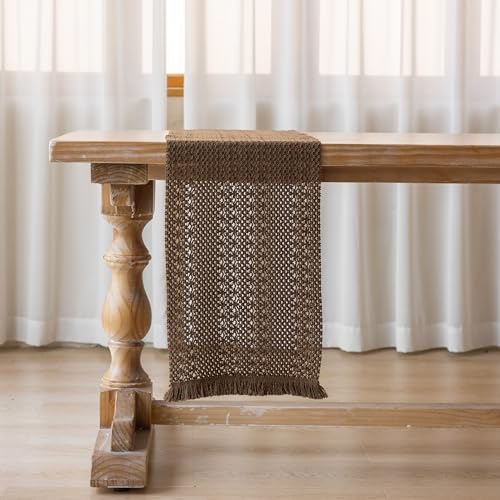 Boho Macrame Table Runner 13x60 Inch - Rustic Linen Blend for Dining
