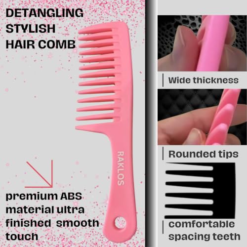RAKLOS Wide Tooth Detangling Comb for Curly & Wet Hair - Pink