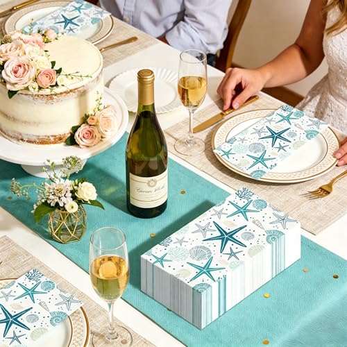100 Coastal Paper Napkins - Starfish & Seashell Design for Parties