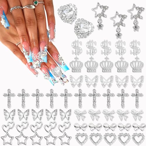 Silver Nail Charms 180pcs 12 Styles Y2K Crystal Star Butterfly Crown Bling