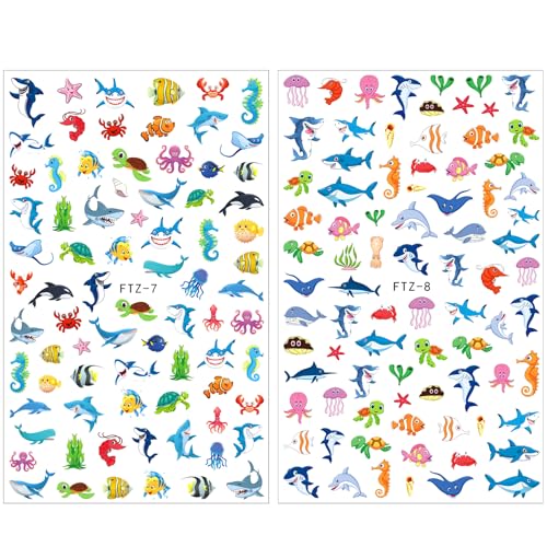 FUMIHIT Ocean Animals 8 Sheets Shark Nail Art Stickers 3D Self-Adhesive Decals