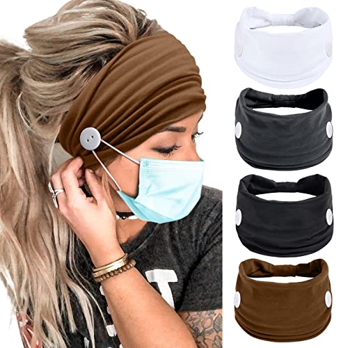 Huachi Headbands with Mask Buttons - No Slip Elastic Ear Protection Women Men, Pack of 4