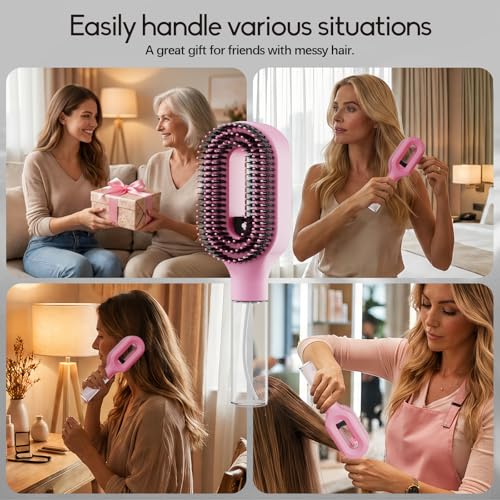 Spray Hair Brush with Fine Continuous Mist for Frizz & Static Control, 2-in-1 Detangling Hair Brush for Dry, Flyaway & Tangled Hair, Wet or Dry Styling Brush for Women, Pink