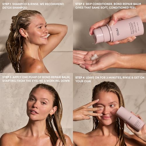 OUAI Bond Repair Balm - Travel Size In Shower Hair Treatment Mask for Dry Damaged Strands, Replaces Conditioner - Repairs & Strengthens Hair in 3 Minutes - Vegan Silk Protein + Hyaluronic Acid, 1.7oz