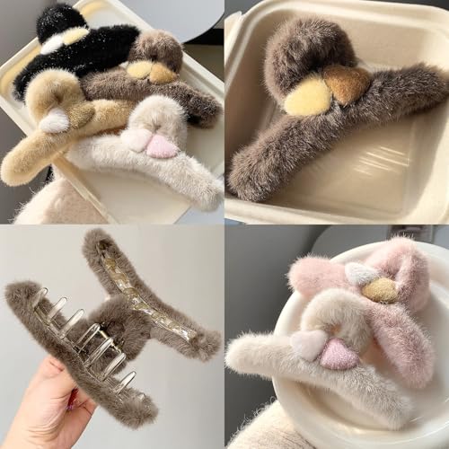 Rannyrena Heart Fuzzy Plush Hair Claw Clips Set of 5 for Women, Strong Grip & Non-slip