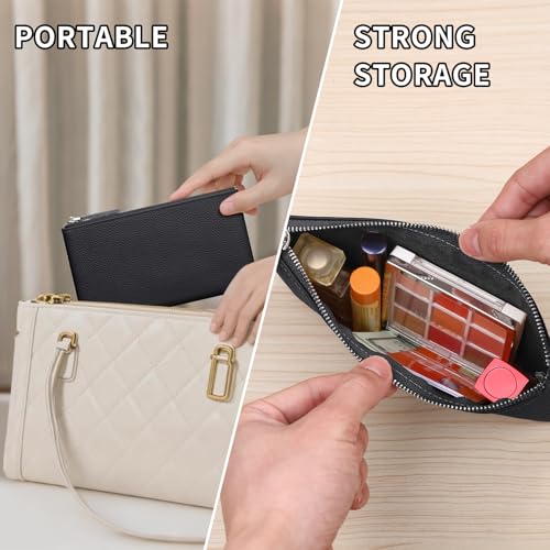 GERUOLA Genuine Leather Zipper Coin & Makeup Bag - Black Travel Organizer
