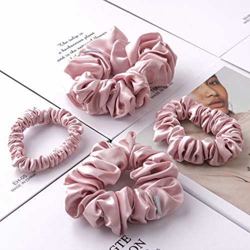 MTSNOO 22 Momme Mulberry Silk Scrunchies for Hair - 4 Pack, Rosy Pink