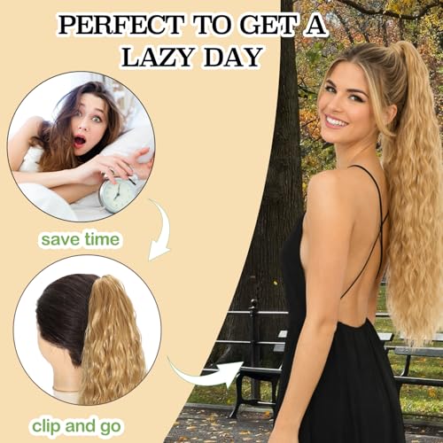 Long Wavy Ponytail Extension with Claw Clip - Honey Blonde 26 Inch Hairpiece