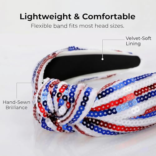 4th of July Patriotic Headband for Women Red White Blue Sequin Hair Accessory