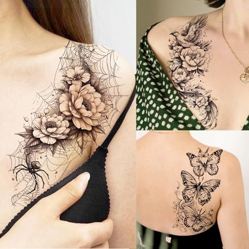 Toneoldshu Flower Butterfly Half Arm Sleeve Temporary Tattoos 71 Sheets for Women & Adults