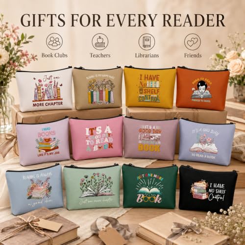 Bohemian Book Lover Makeup Bags Set of 12 - Bookish Gift for Women, Travel & Storage