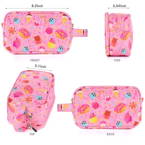 Foxstory Kids Toiletry Bag for Girls Candy Pink Travel Waterproof Hanging Cosmetic Bag for Toddlers