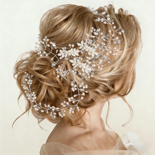 Naturahand Silver Wedding Crystal Hair Vine with Pearls for Bridal & Bridesmaids