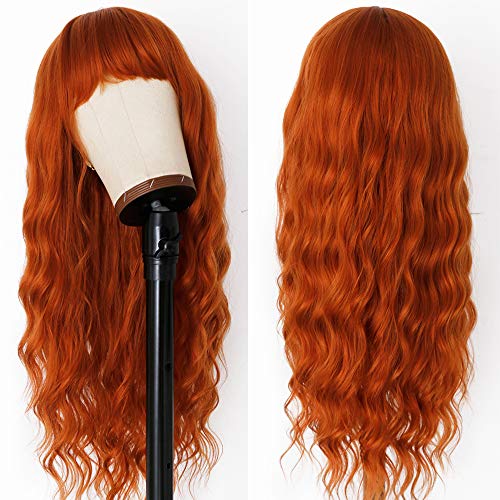 EVLYNN 26-Inch Copper Ginger Long Wavy Wig with Bangs, Heat Resistant