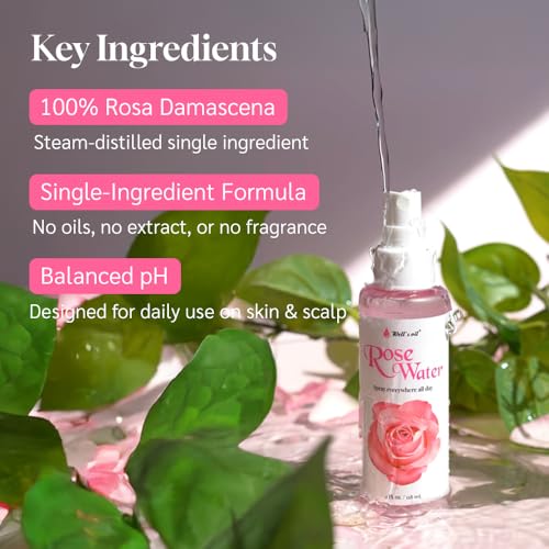 Well's Oil Rosewater Face & Hair Mist Spray - Alcohol-Free Hydrosol (4 fl oz)