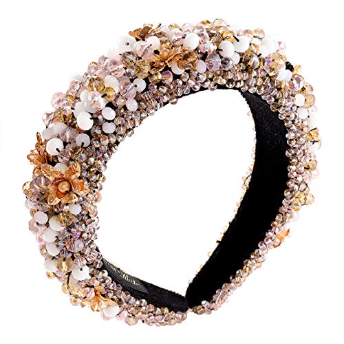Pink Crystal Beaded Headband for Women - Handmade Velvet Hairband with Gold Flowers