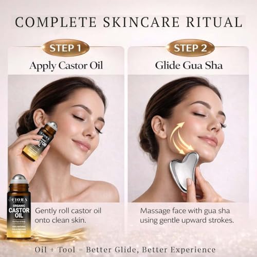Organic Castor Oil Roll-On & Stainless Steel Gua Sha Tool Set