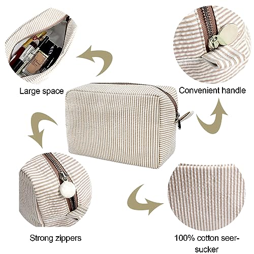 GFU Seersucker Cosmetic Bag for Women - Large Travel Makeup Organizer