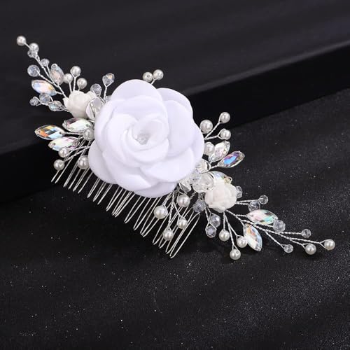 BERYUAN White Rose Wedding Hair Comb AB Rhinestones Bridal Headpiece for Women Girls