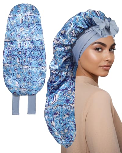 Awaytr Reversible Satin Hair Bonnet for Braids Sleeping Women Blue Ethnic Floral